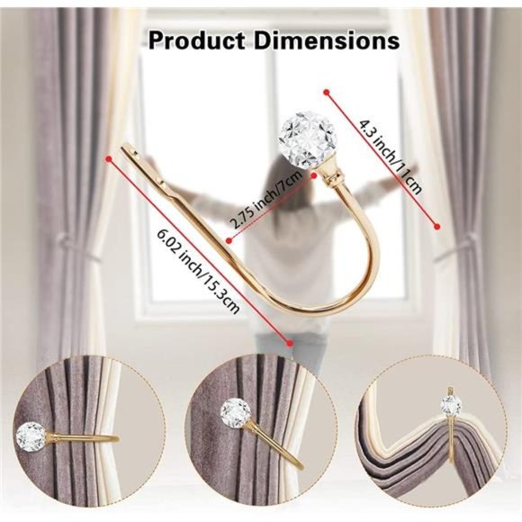 Curtain Holdbacks, Crystal Curtain Tieback Hooks Gold Metal Decorative Drapery - Picture 6 of 7